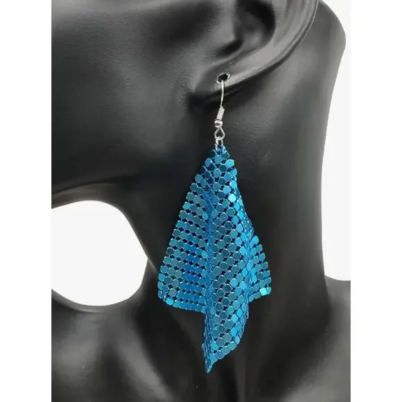 Metal Mesh Grid Earrings Blue - Picture 2 of 3